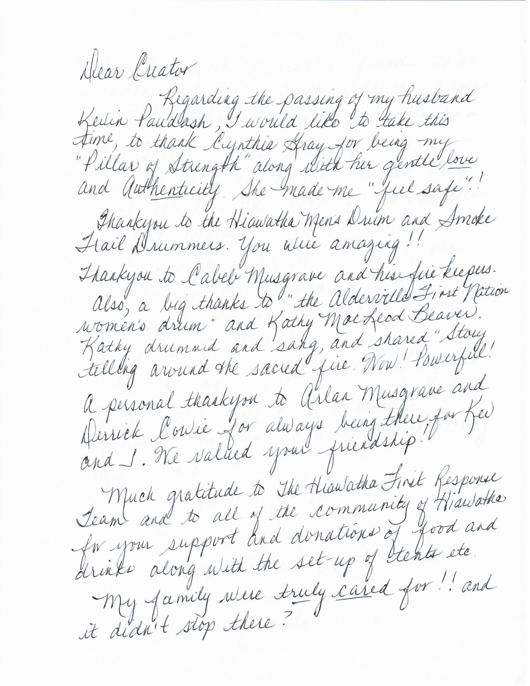 Hiawatha First Nation Letter of Thanks from Paudash Family